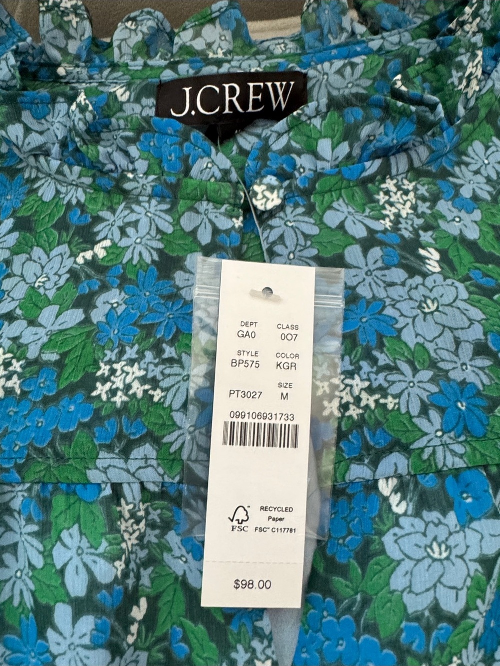 J. Crew Blue & Green Floral Ruffle-Neck Blouse - Picture 2 of 5